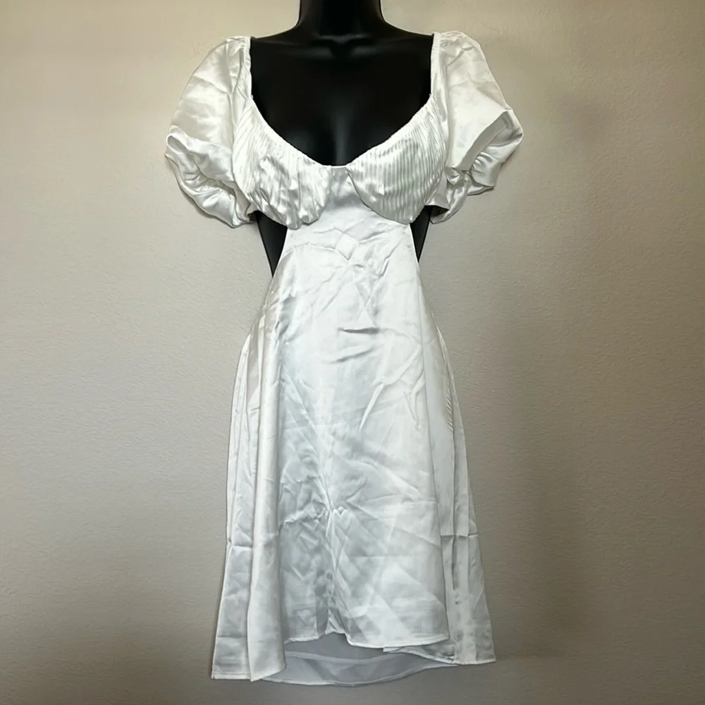 Princess Polly Cindi White Pleated Bust Puff Sleeve Tie Back Satin Mini Dress - Picture 4 of 12